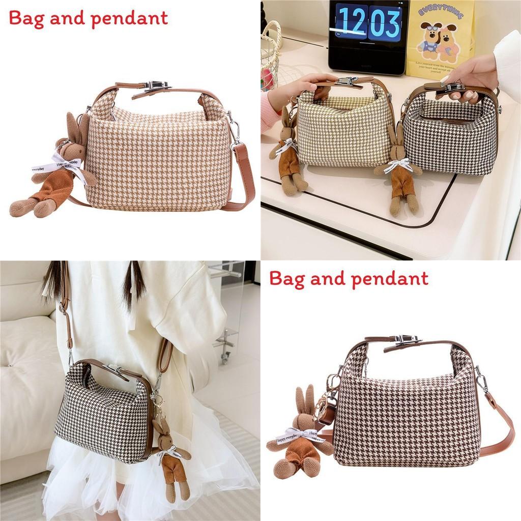 Simple Houndstooth Pattern Parent Child Shoulder Bag With Pendant For Kids Daily Use
