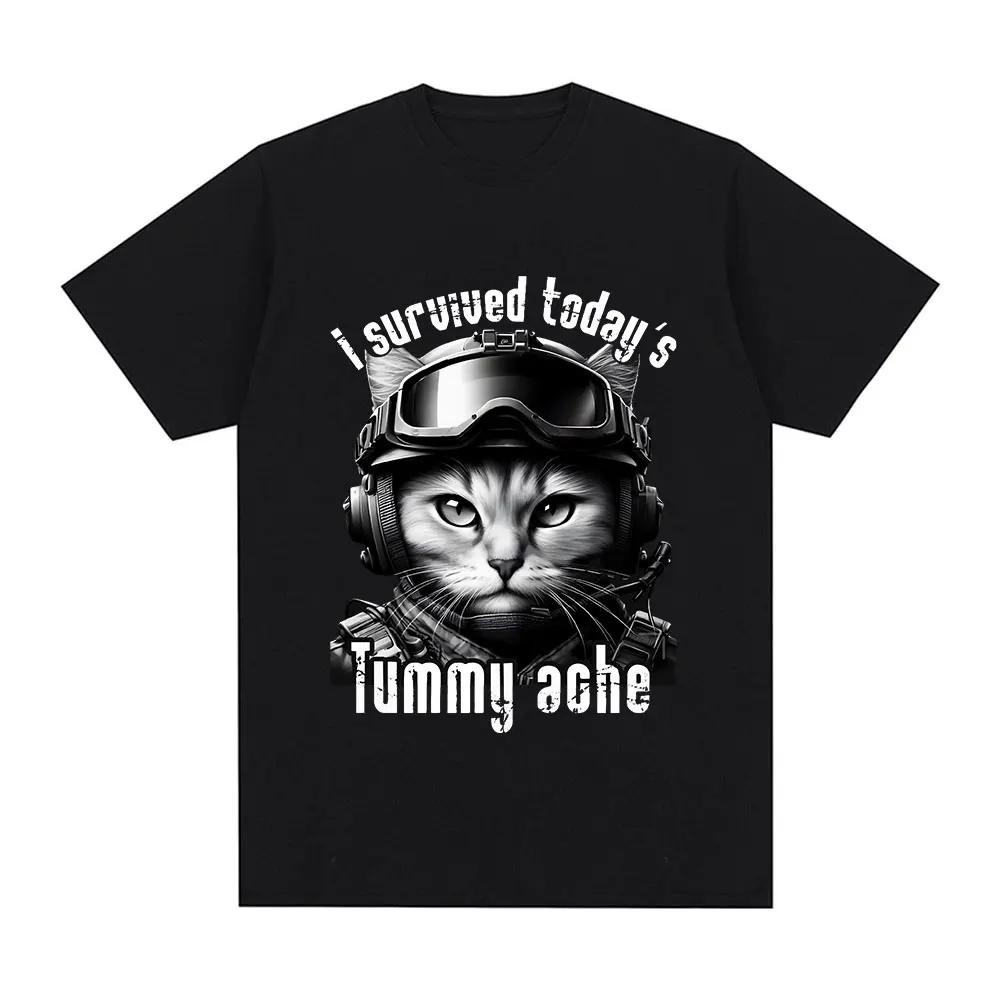I Survived Today's Tummy Ache T-Shirt Funny Cat Meme Short Sleeve T Shirt Men Women Cotton Casual Oversized T Shirts Streetwear