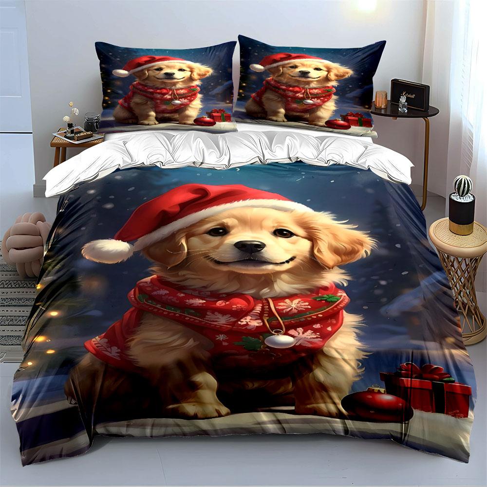 Golden Retriever Christmas Scene Bedding Duvet Cover Set (1*Duvet Cover 2*Pillowcases, without duvet insert)