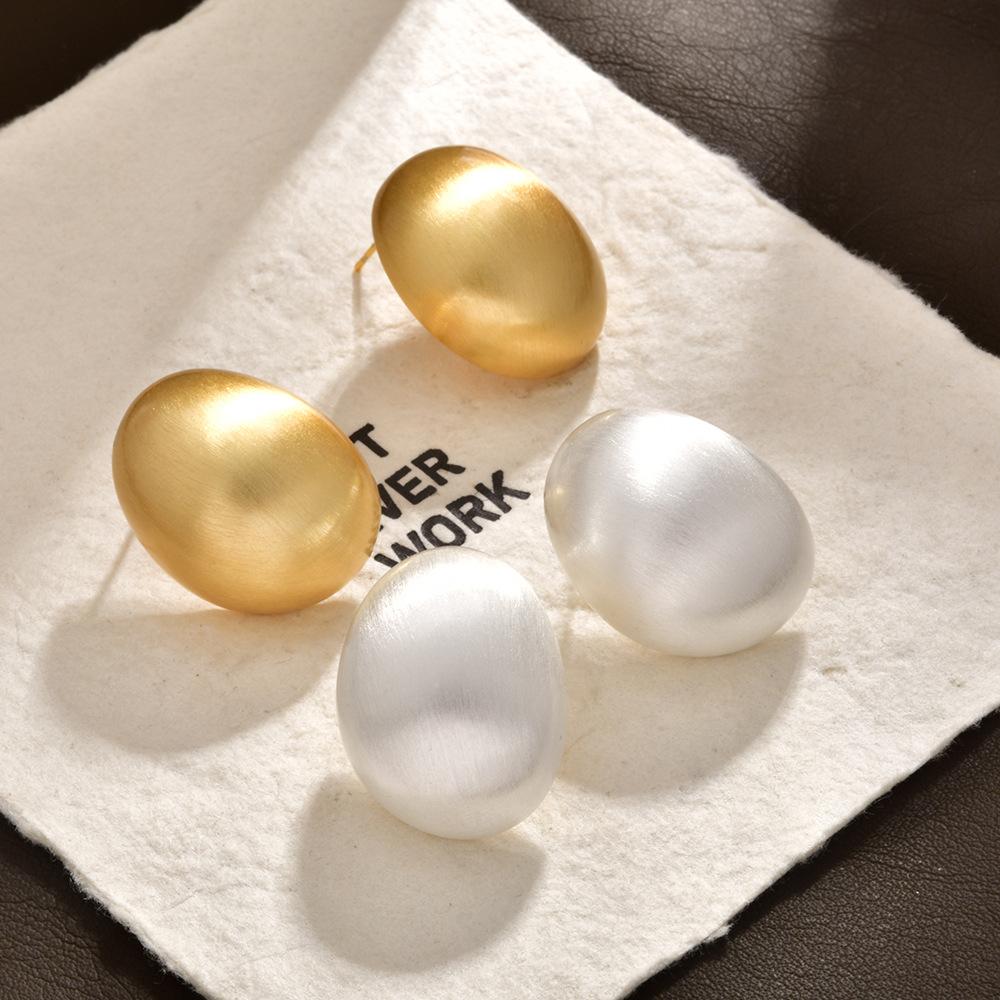 silver brushed small eggshell stud earrings niche design sense fashionable light luxury minimalist oval personality temperament earrings earrings