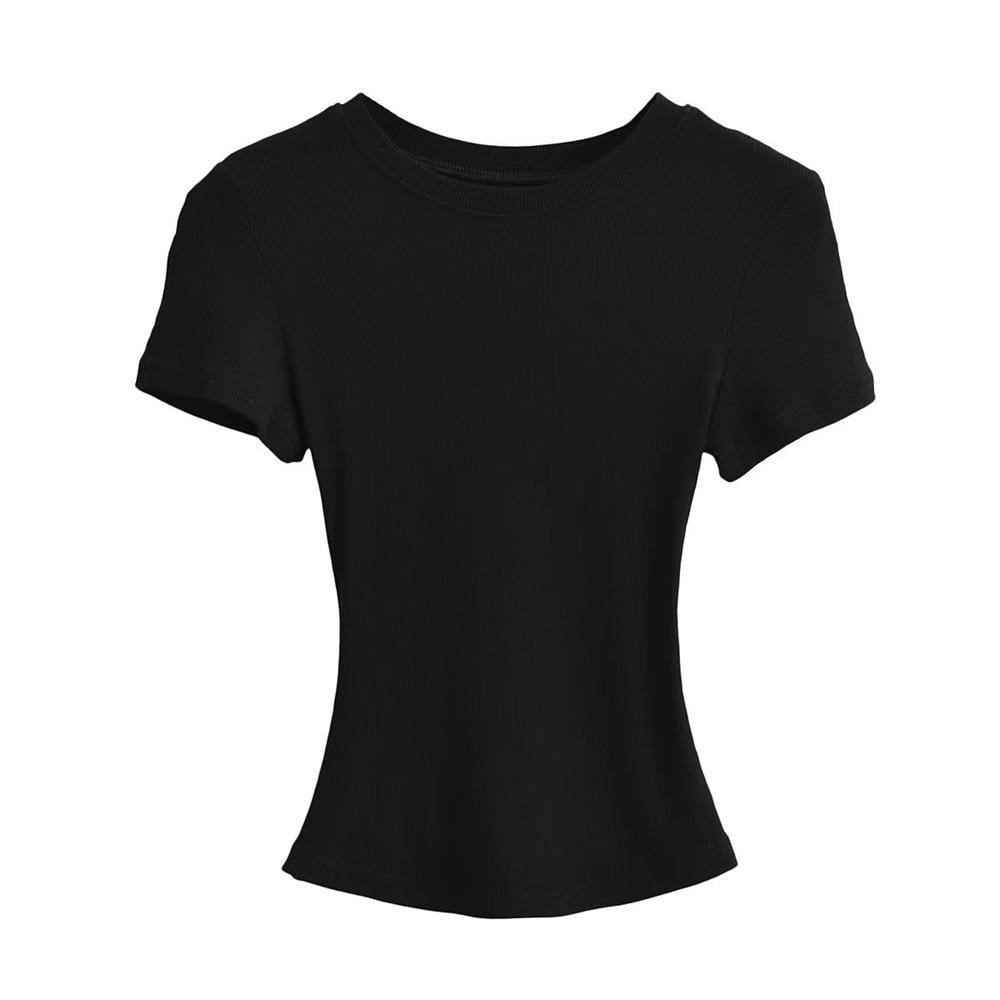 Trendy Women's Ribbed Slim Fit Short Sleeve T-Shirt with Sexy Round Neck and Straight Shoulders.