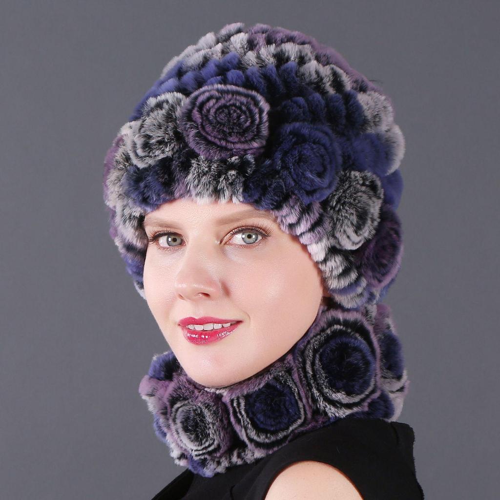 Wholesale New High-quality Rex Rabbit Fur Accessories Autumn and Winter Women's Versatile Warm Hat Scarf Two-piece Set