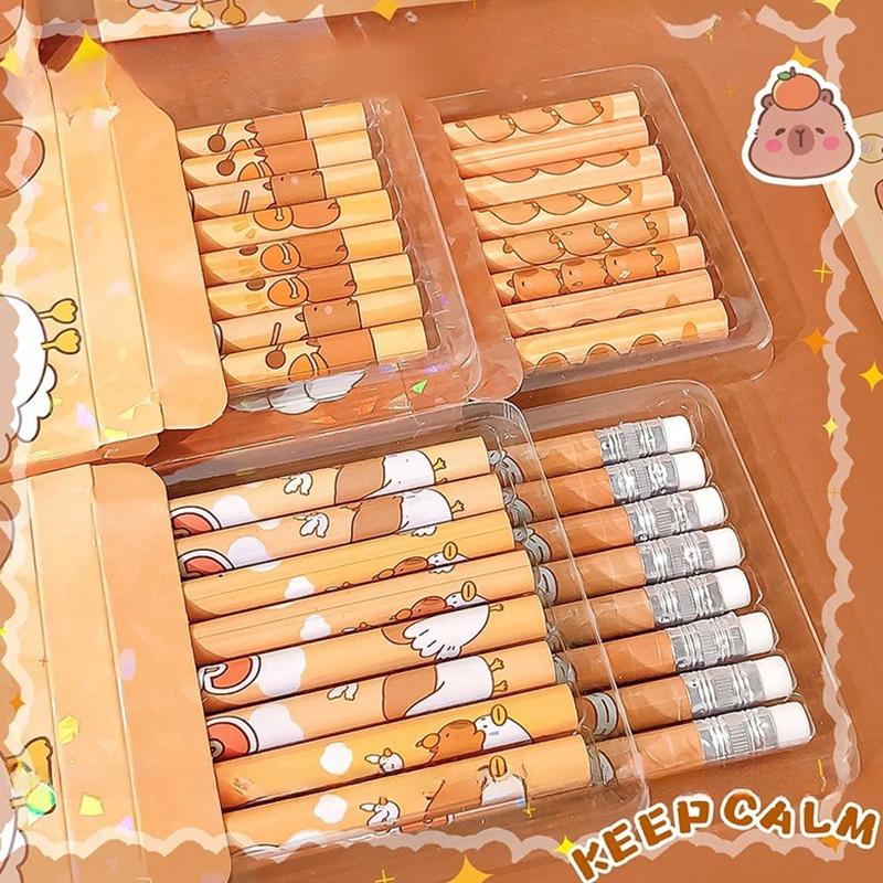 8Pcs/Box Cartoon Cute Capybara Pencil Kawaii Hb Sketch Drawing Items Student Stationery School Office Supplies Children Gifts