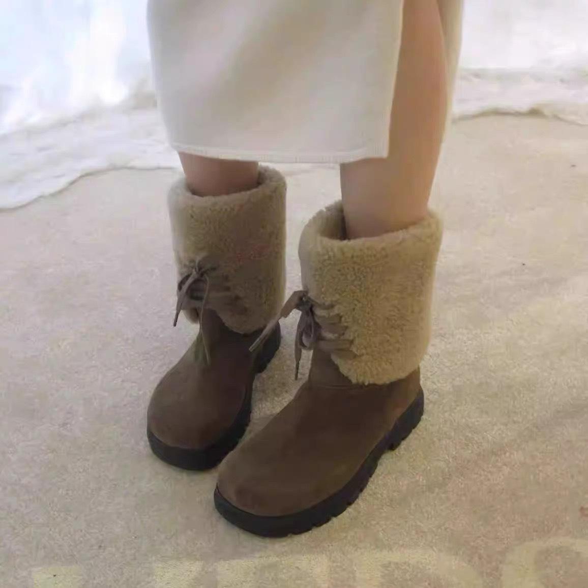 

Autumn and winter new lamb wool thick-soled snow boots leather versatile lace-up thick velvet short boots big boots 40 коричневый