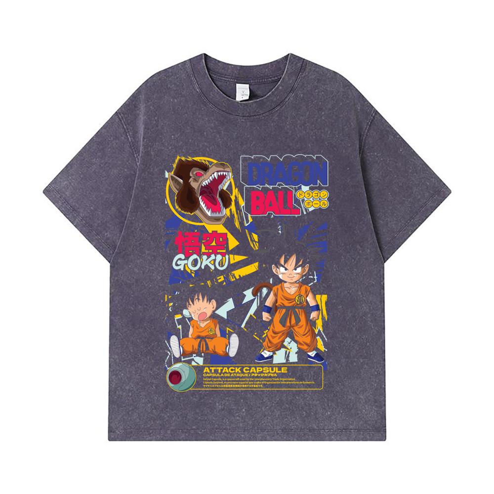 275 GSM Washed T-shirts 100% Cotton Dragon Ball V40 Goku Capsule Print Unisex Heavy Cotton T Shirt