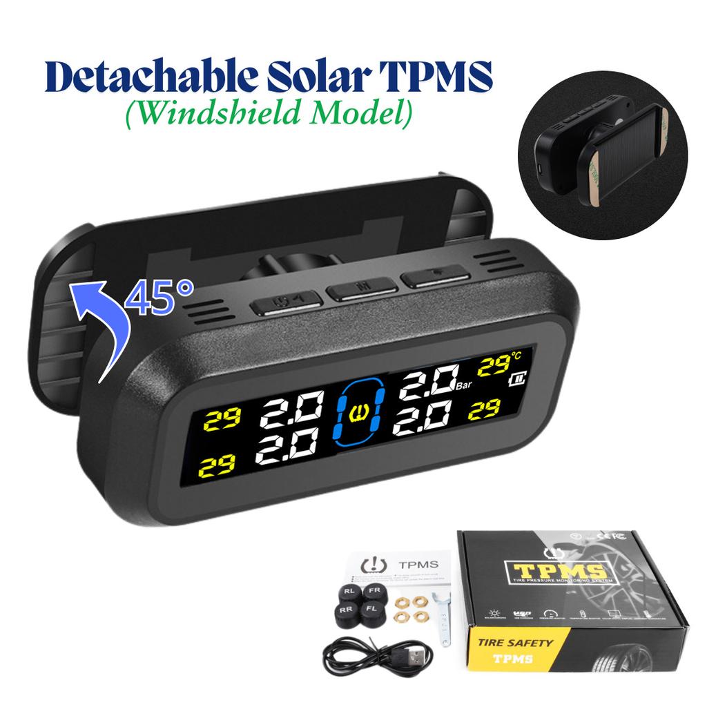 Universele TPMS op zonne-energie met IPX7 waterdichte externe sensoren - Dubbel USB/zonne-opladen met LCD-display
