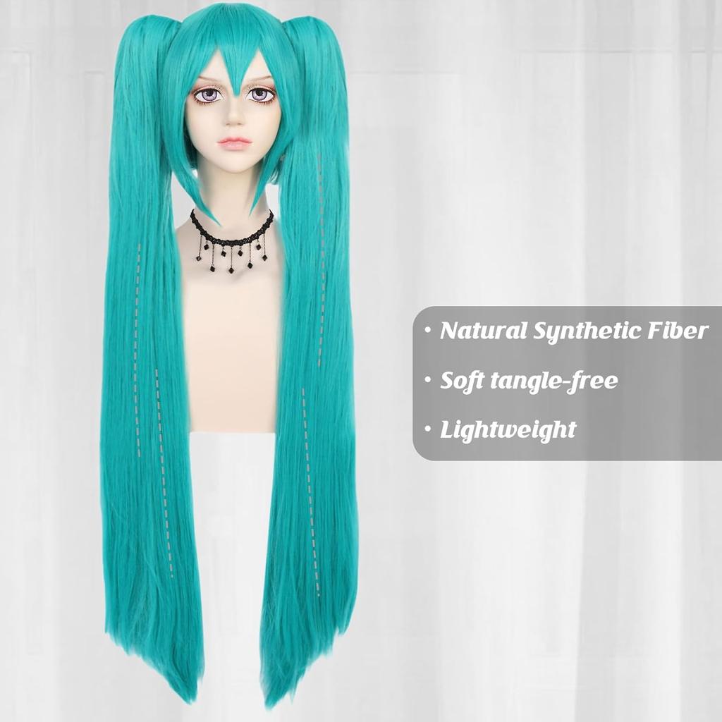 Perucă Sintetică Verde Cosplay Perucă Verde Teal Perucă cu Coadă Dublă Perucă Lungă Verde cu Breton Perucă Dreaptă Perucă Kawaii Perucă Miku