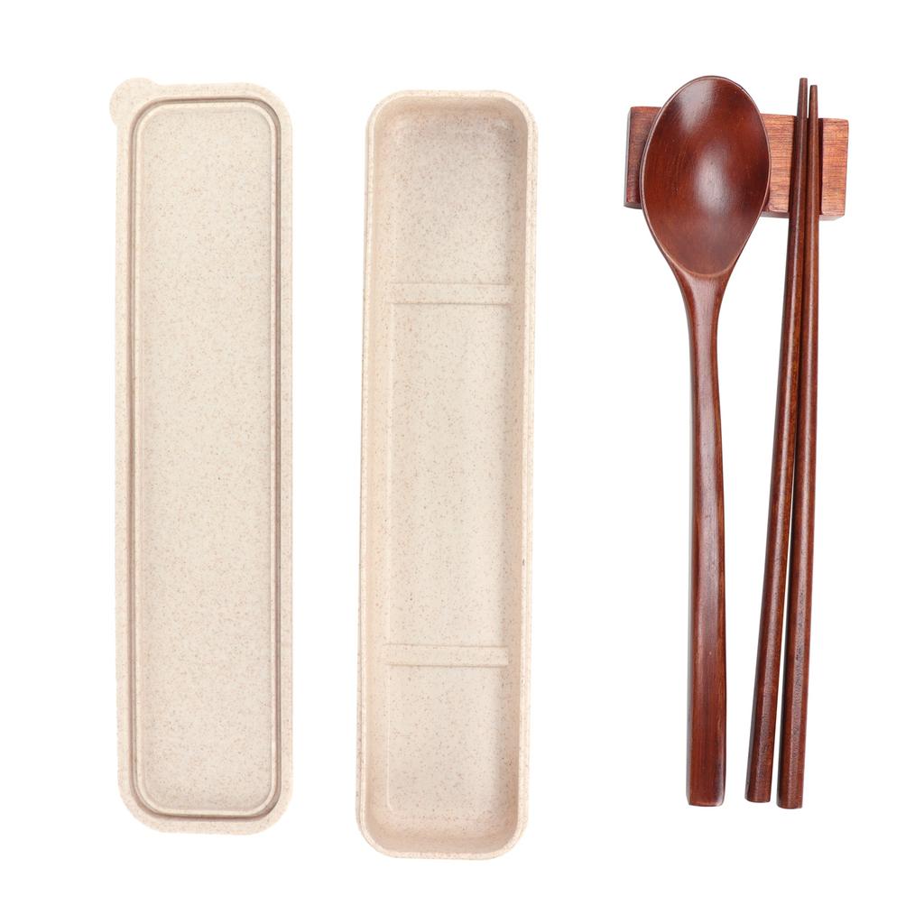 4Pcs/Set Wooden Chopsticks Spoon Tableware Rest with Box Portable Cutlery Set for School Office