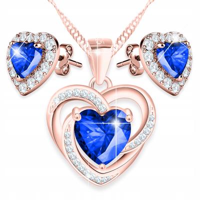 Gilded Necklace and Earrings Set Blue Hearts Zirconia Silver 925