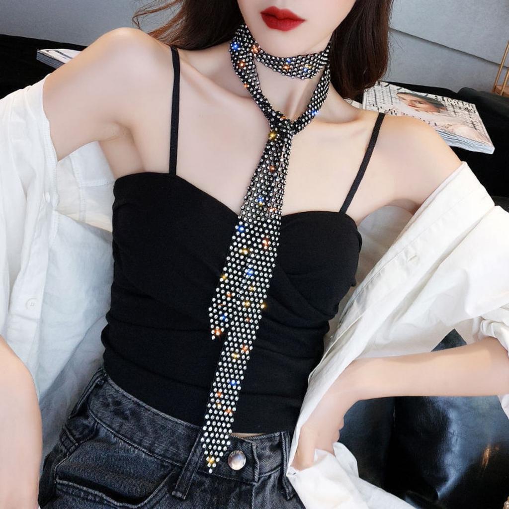 Shiny Multi-row Zircon Long Tassel Clavicle Chain Female Personality Neck Strap Black Retro Necklace