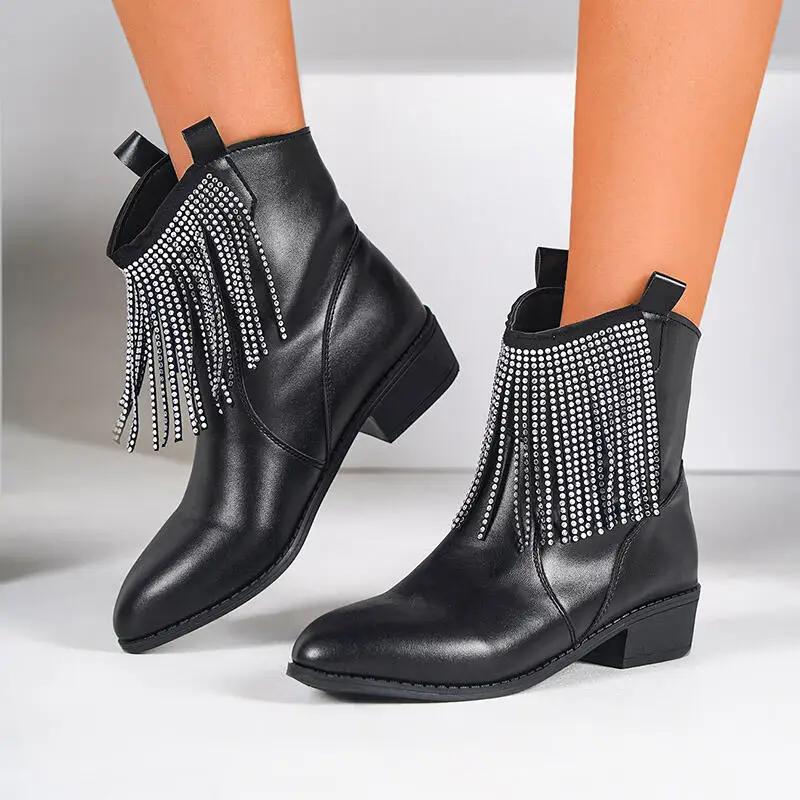 Glitter Tassel Ankle Boots Women Autumn Winter Punk Black Chelsea Boots for Woman Brand Fringe Party Shoes Plus Size 43