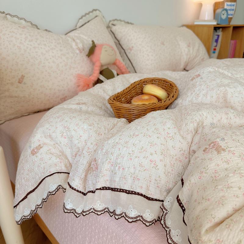 Korean French Style Hollow Lace Puff Cotton Bedding Set, Girly Duvet Cover - Available As 4-Piece or 3-Piece Set