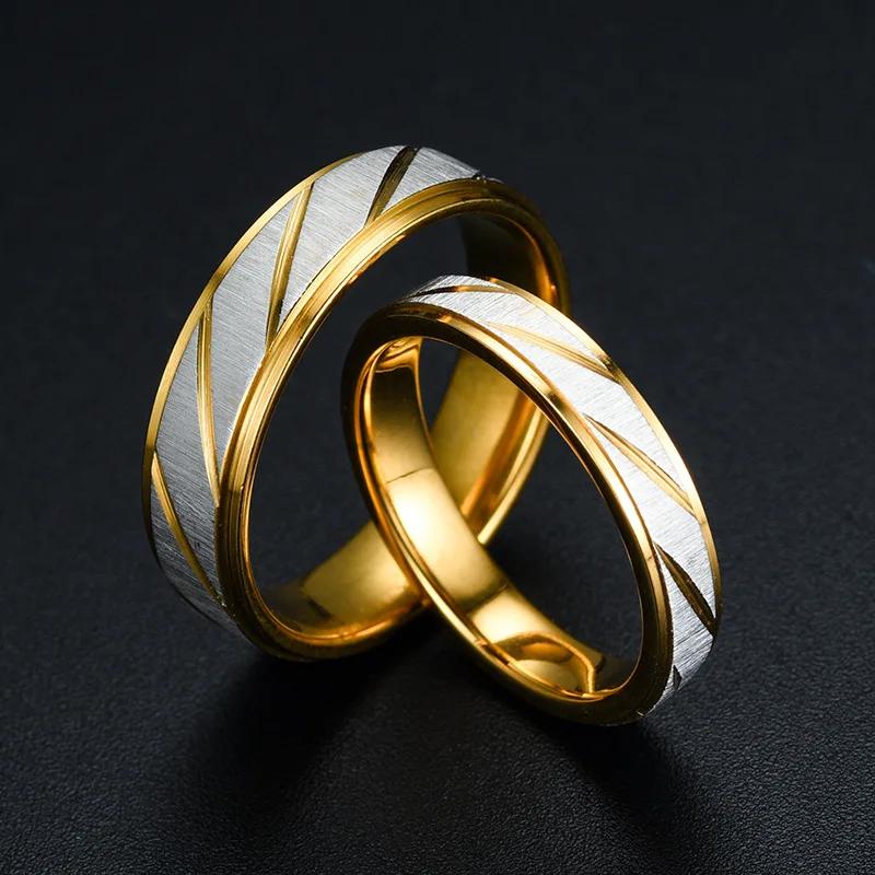 Stainless Steel Gold Color Wave Pattern Couple Ring Titanium Steel Wedding Engagement Ring Promise Ring Zircon Gift