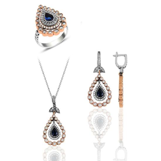 

Тройной комплект с серебряным сапфиром и цирконом в форме капли, аутентичная оправа.