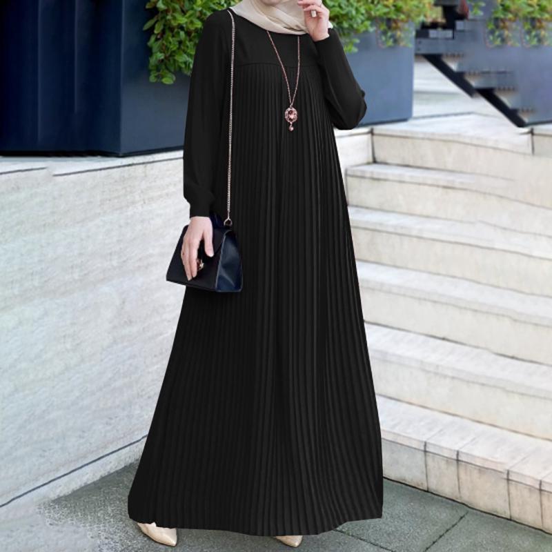 Elegant Muslim Women's Pleated Dress - Solid Color, Round Neck, Long Sleeve