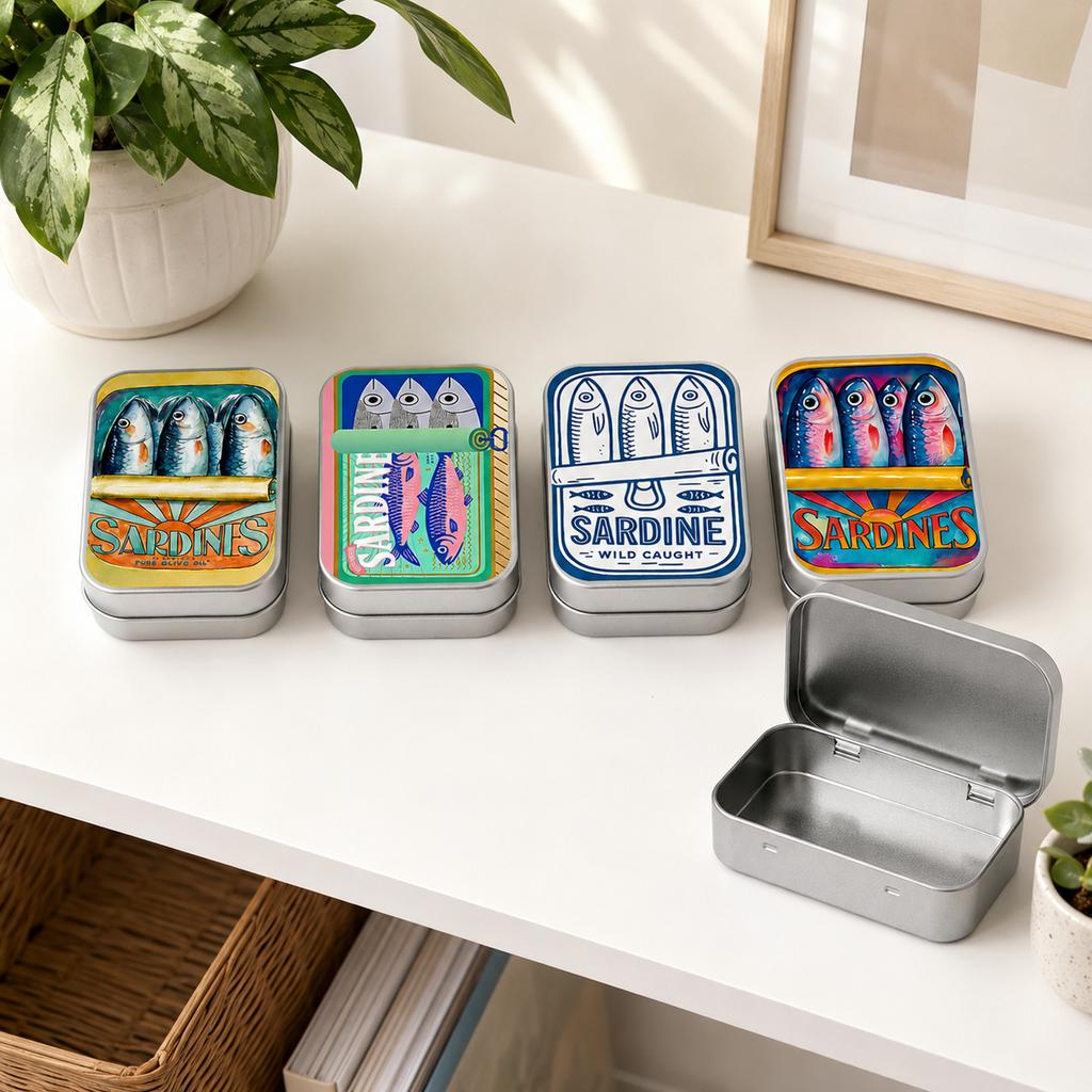 Retro Sardine Print Mini Metal Storage Tin, Portable Hinged Box for Earbuds Jewelry Pills Coins Travel Desk