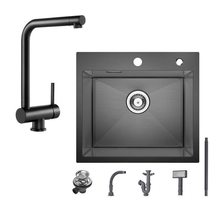 Evier cuisine 1 Bac 50×45CM inox Noir anthracite,Mitigeur de cuisine devant la fenêtre pliante