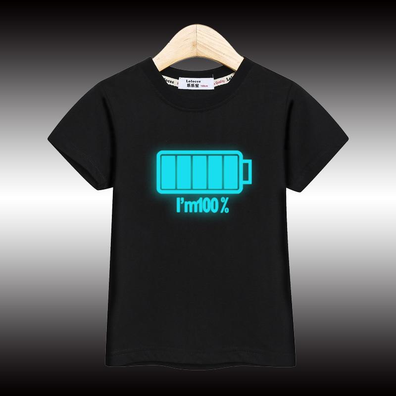 Boys  new luminous T-shirt with battery pattern top, children s summer shirt 150