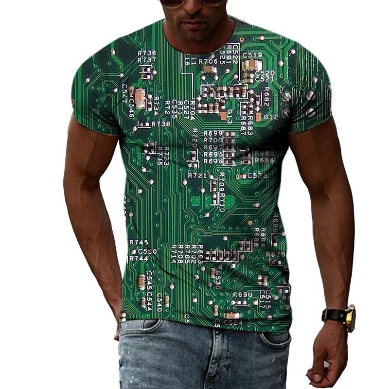 Summer Round Neck 3D Circuit Board Print T-shirts Fashionable Casual Short Sleeved Men's T-shirts