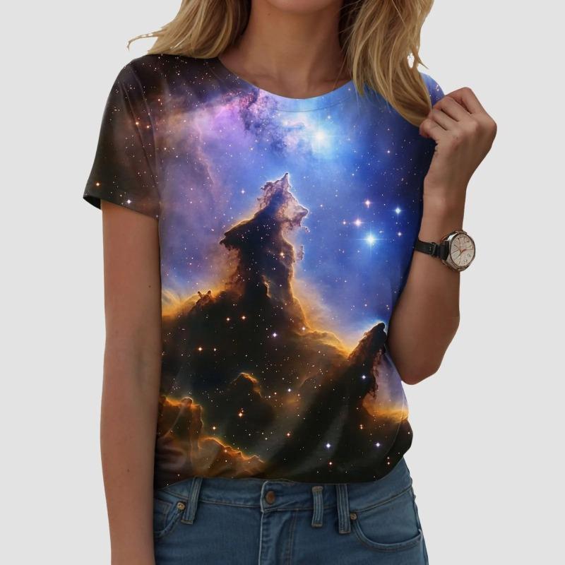 Women's Galaxy Star Print T-Shirt Round Neck Short Sleeve Casual Loose Top
