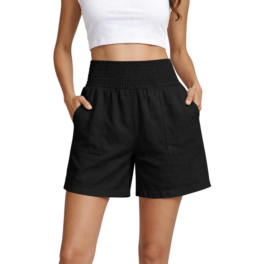 High Waist Elastic Waistband Casual Shorts for Women Loose Fit Cotton Summer Shorts with Pockets Lightweight Design