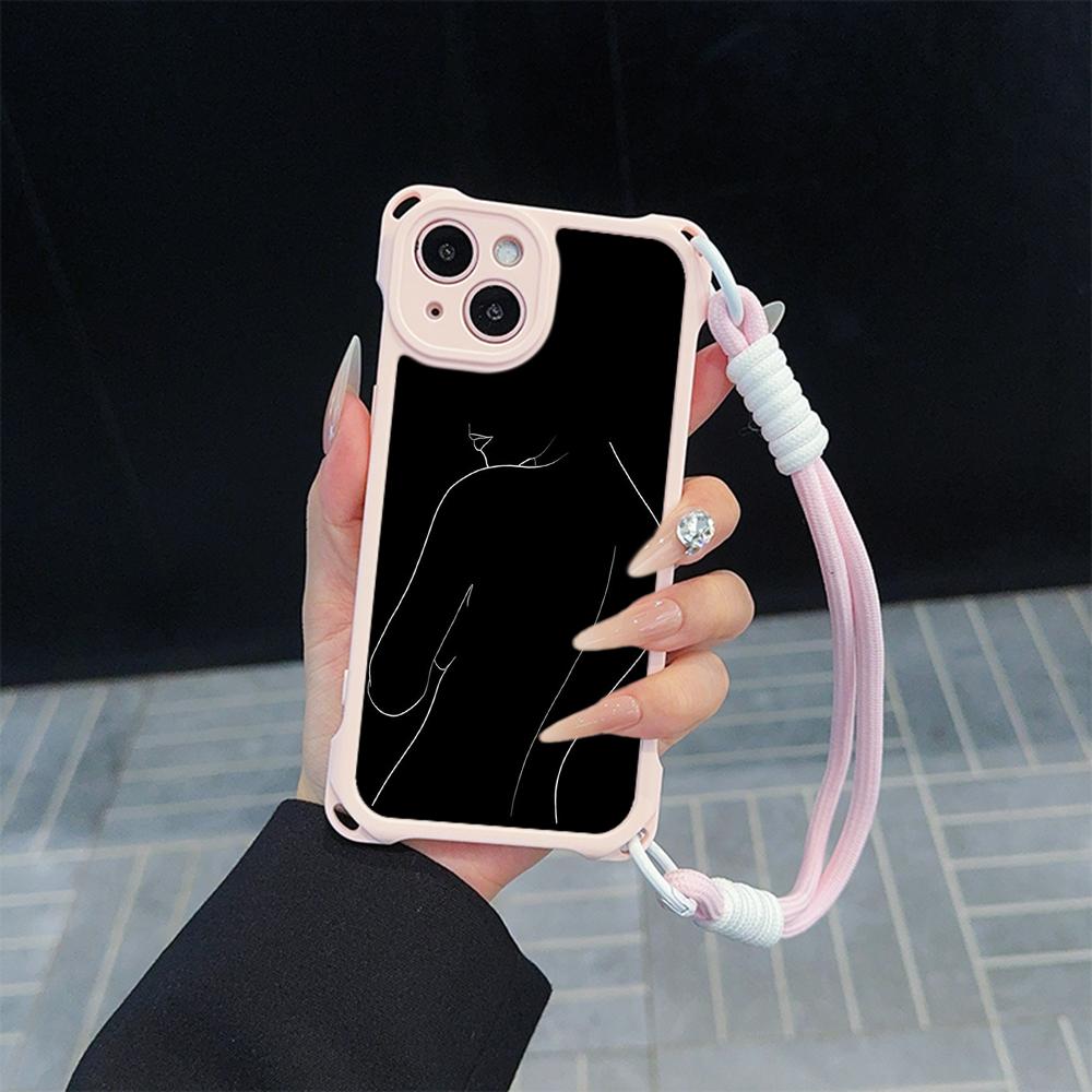 Ae79 Femme Framed Black Art Soft Phone Cases for iPhone 16 15 14 13 12 11 Pro Max 7 8 Plus XR XS with Wrist Strap Lanyard Corner Protection Back Cover