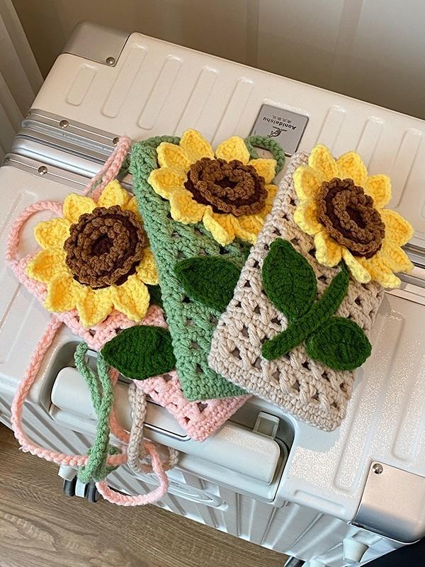 Sunflower Phone Bag Handmade Knitted Cotton Crossbody With Flower Design For Casual Wear