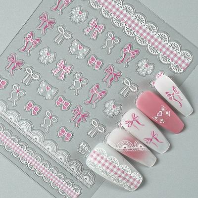 1 szt. Naklejki na paznokcie 5D Relief Kawaii Seria Koronkowa Różowa Kokarda Serce Naklejki Ozdobne Samoprzylepne Akcesoria do Manicure DIY