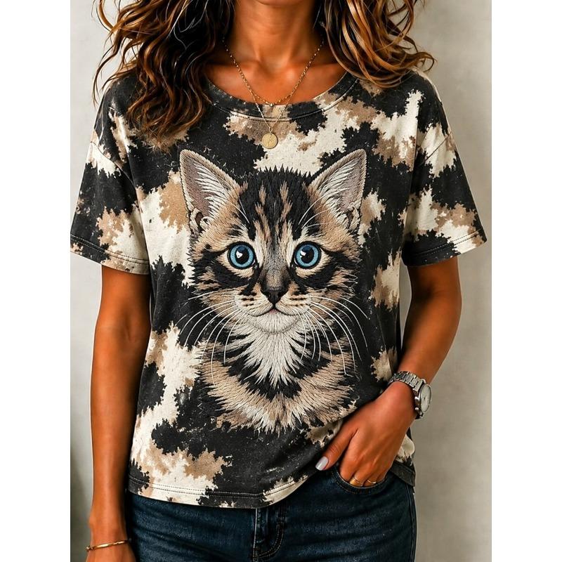 Women's T Shirt Print Graphic Animal Vintage Stylish Classic Short Sleeve Crew Neck Regular Tops Daily Weekend Black White Gold Summer Spring Fall