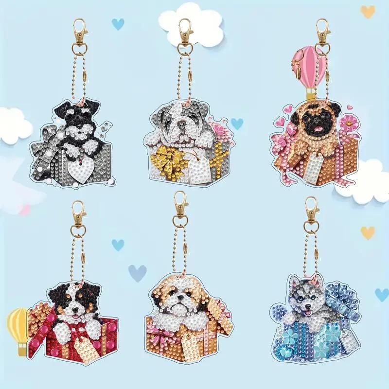 6Pcs/Set DIY Diamond Painting Keychain - Animal and Dog Patterns, DIY Decorations, Diamond Kit Craft Supplies