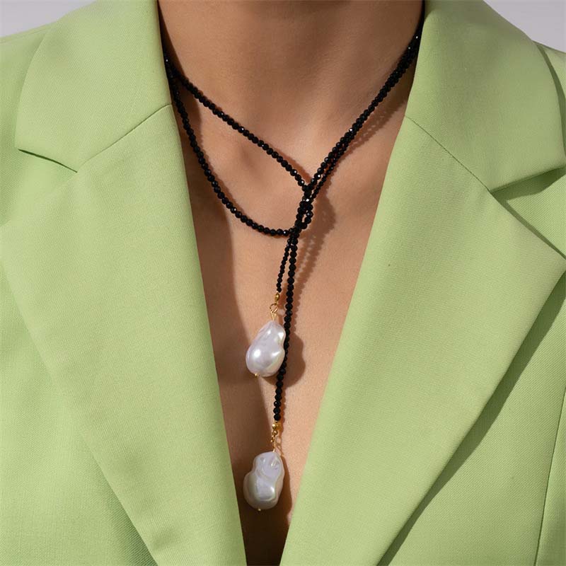 Vintage Black Crystal Pearl Pendant Necklace for Women Elegant Imitation Pearl Beaded Long Adjustable Chain Necklace Jewelry чёрный