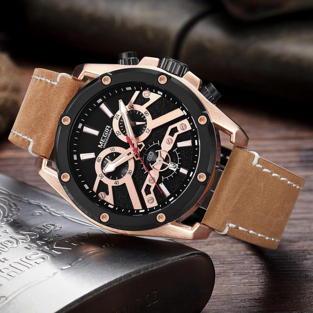 Megir Offizielle Quarz Männer Uhren Mode Echtes Leder Chronograph Militär Uhr Uhr Männer Relogio Masculino Erkek Kol Saati
