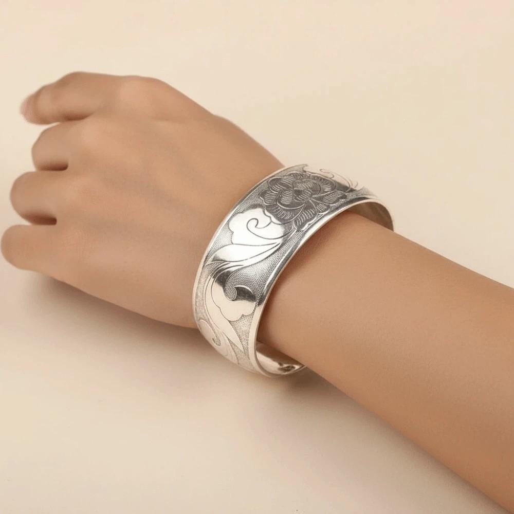 Lotus Silver Opening Bangle Vintage Thai Wrist Jewelry Carved Wide Bracelet Party