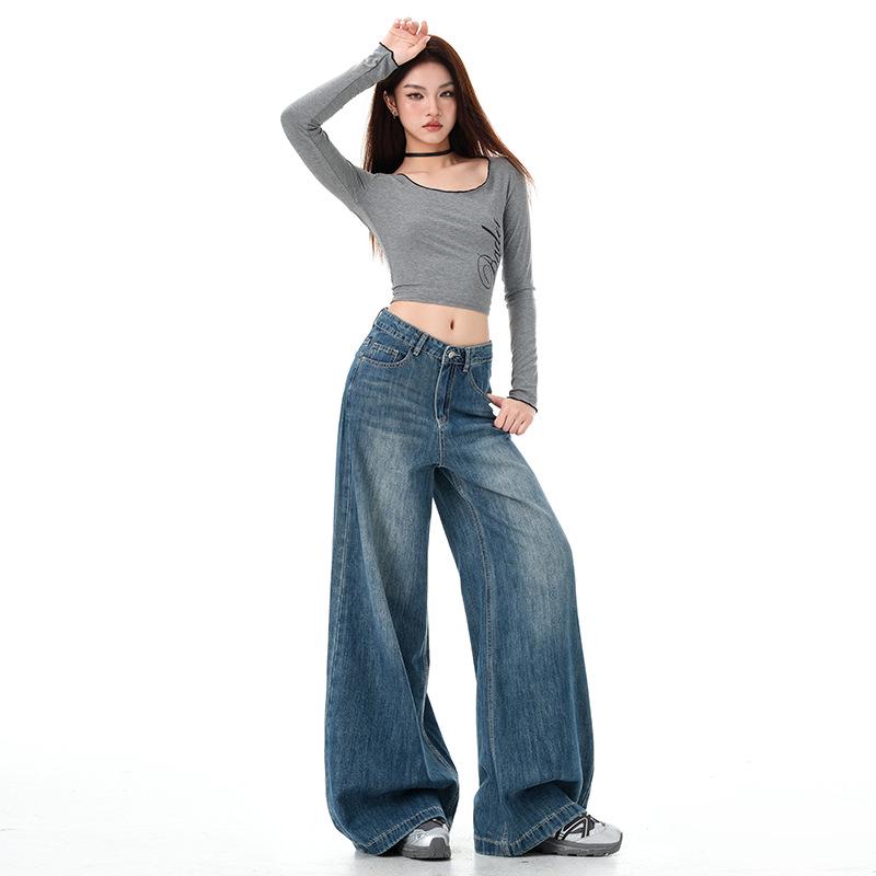 Women's Vintage High-Waisted Wide-Leg Jeans - Non-Clingy, Loose Fit for Spring and Autumn
