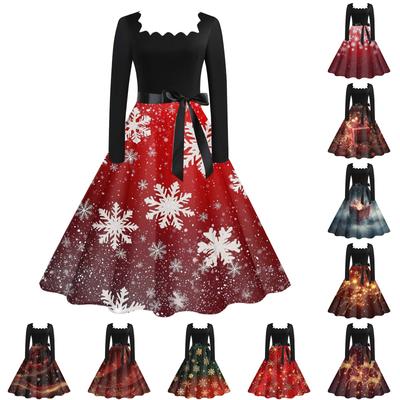 Kadın Günlük Moda Noel Baskılı Kare Yaka Vintage Elbise