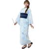 RAVIR Yukata White with a Floral Fluffy Obi and Geta One Size Fits All Women's 3-Piece Set, Light, Watercolor-Style Design, Belt, Sandals, Blue,