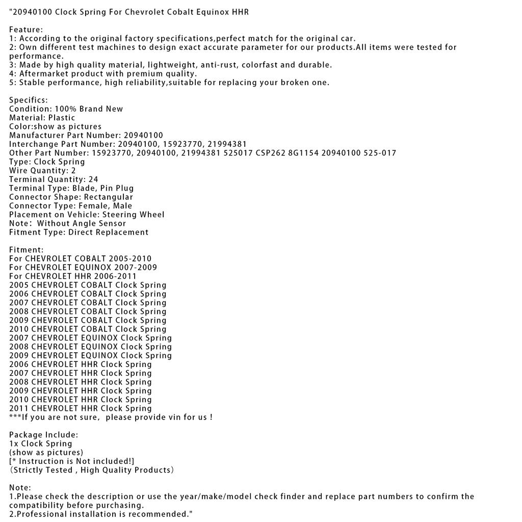 20940100 Clock Spring For Chevrolet Cobalt Equinox HHR