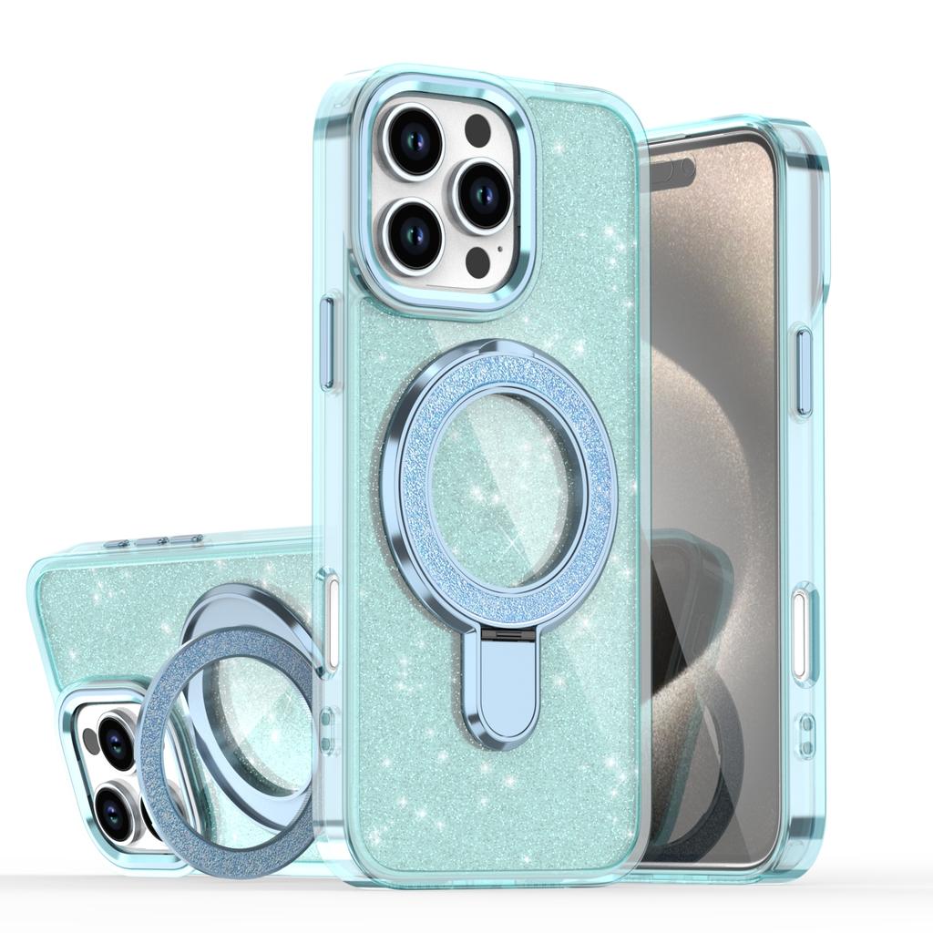 Luxury Glitter Metal Stand Magnetic Wireless Charging Clear Case For iPhone 16 15 14 Plus 13 12 17 Pro Max 17Air Magsafe Cover