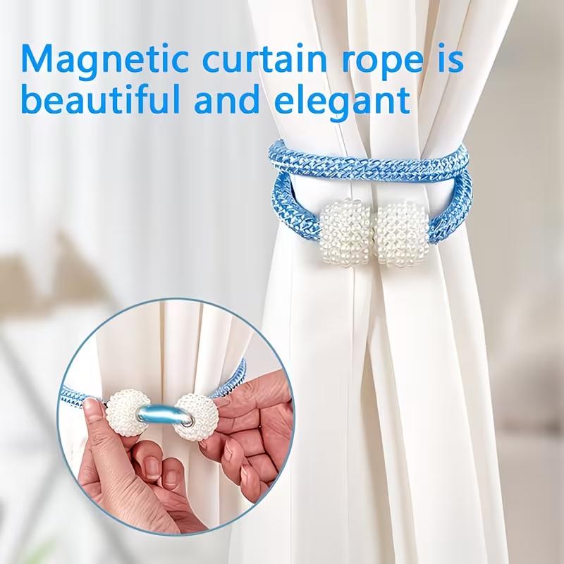 Magnetic Curtain Tiebacks Pearl Ball Elegant Woven Rope Curtain Holdbacks Magnet Drapery Tie Back Clips Curtain Holder for Living Room Bedroom Home