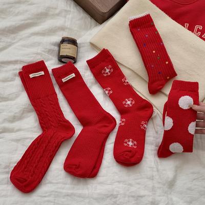 Medias de Felpa de Cachemira para Invierno y Otoño con Bordado de Lunares y Copos de Nieve para Año Nuevo Calcetines Rojos de Navidad - Calcetines Cálidos para Mujer