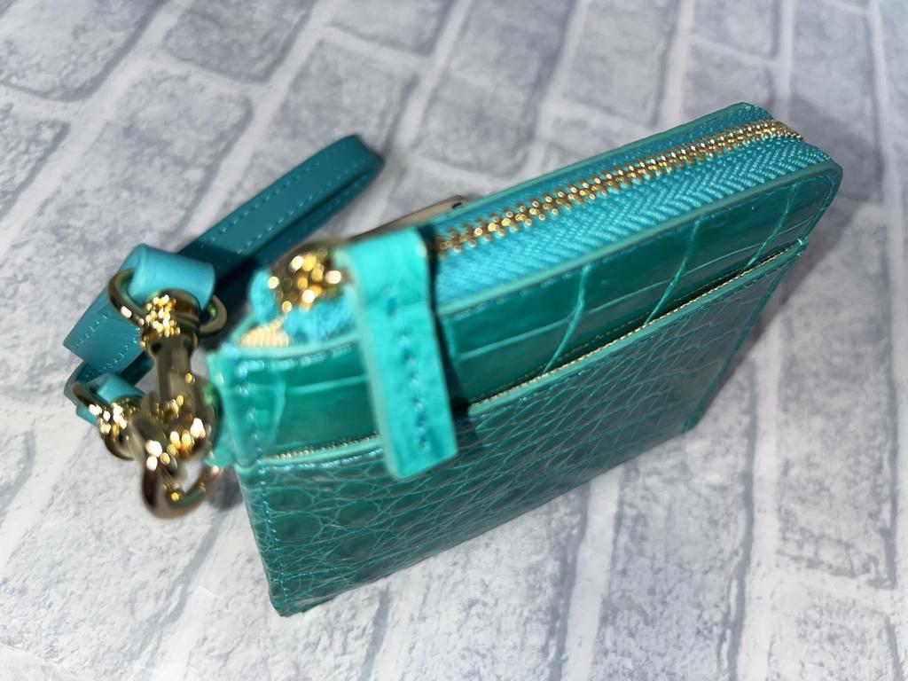GUODI Mini Wallet with L-Shaped Zipper and Strap, Shining Crocodile Genuine Leather, HL-10101B-CRS (Turquoise Blue), Crocodile Leather Wallet, Mini