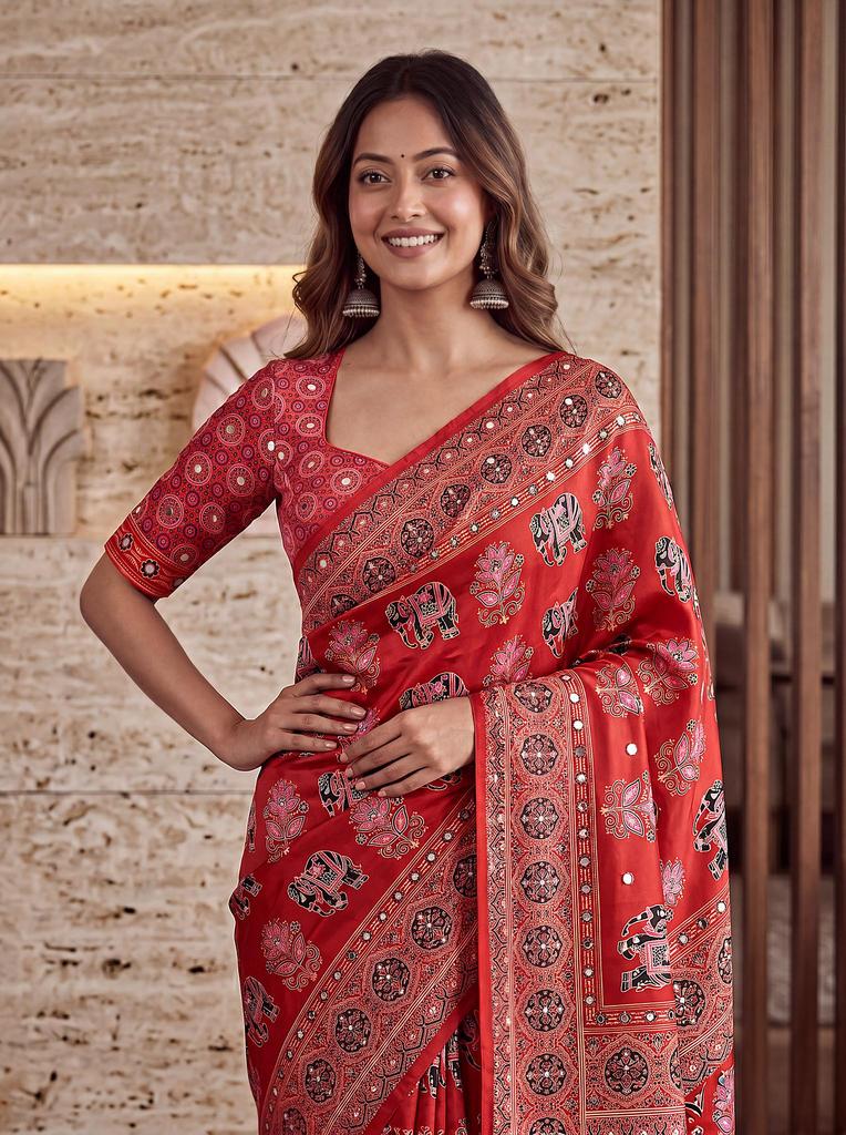 Handcrafted Ajrak Print Manipuri Silk Saree, Real Mirror Work, Traditional Party Wear