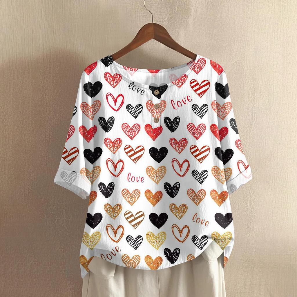 Damska casualowa bluzka z bawełny i lnu, z krótkim rękawem, okrągłym dekoltem i nadrukiem walentynkowym