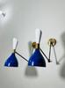 Italian Brass Diablo Wall Sconce Pair: Blue & White Mid-Century Light