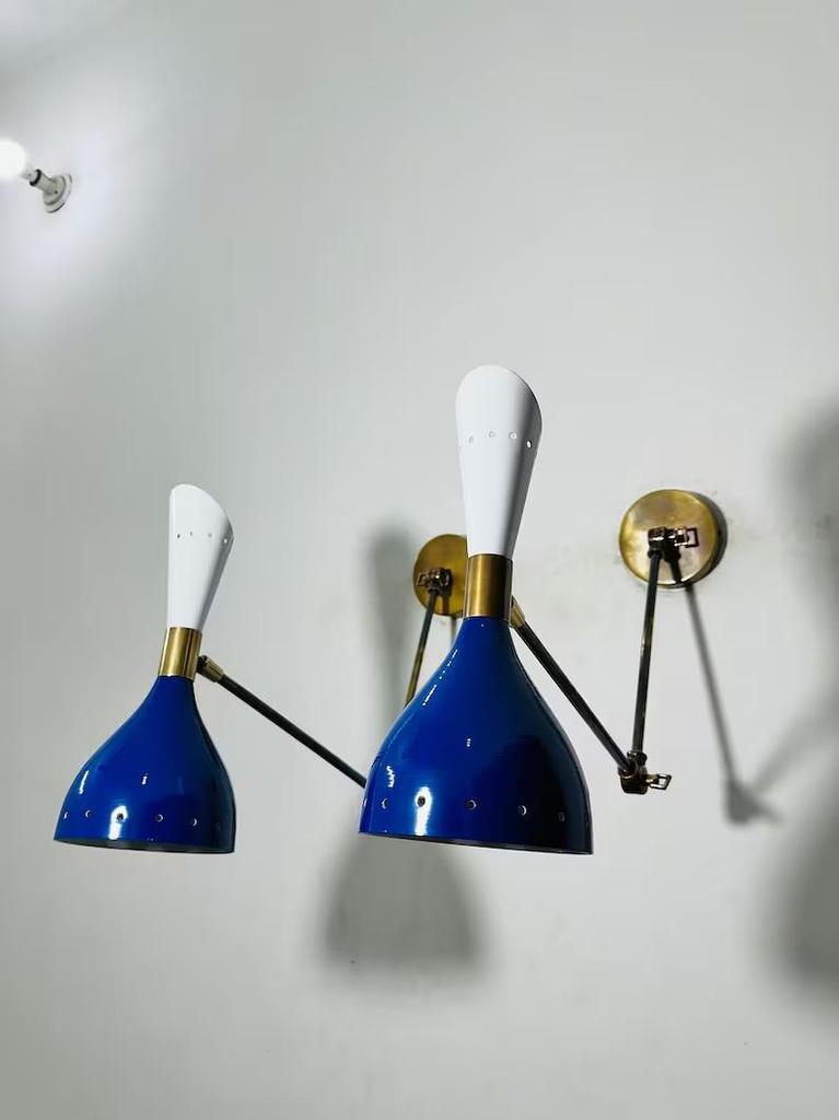 Italian Brass Diablo Wall Sconce Pair: Blue & White Mid-Century Light