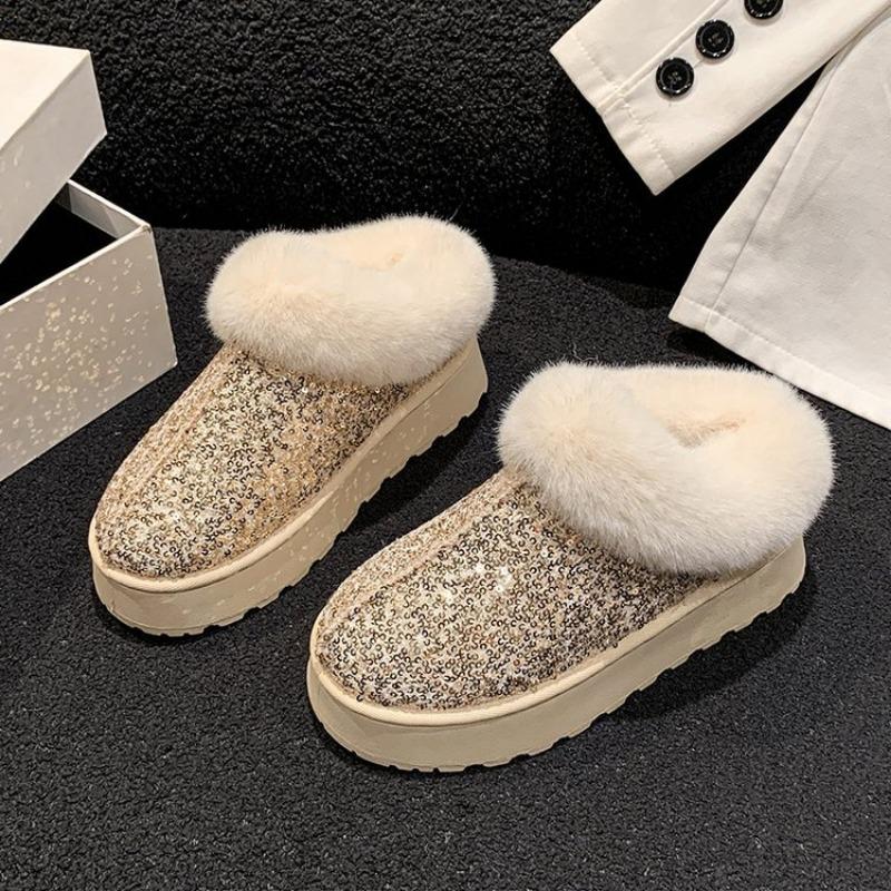 Round Head Sequined Velvet Cotton Shoes Autumn and Winter New One-pedal Lazy Drag Women's Bag Head Fluffy Slippers