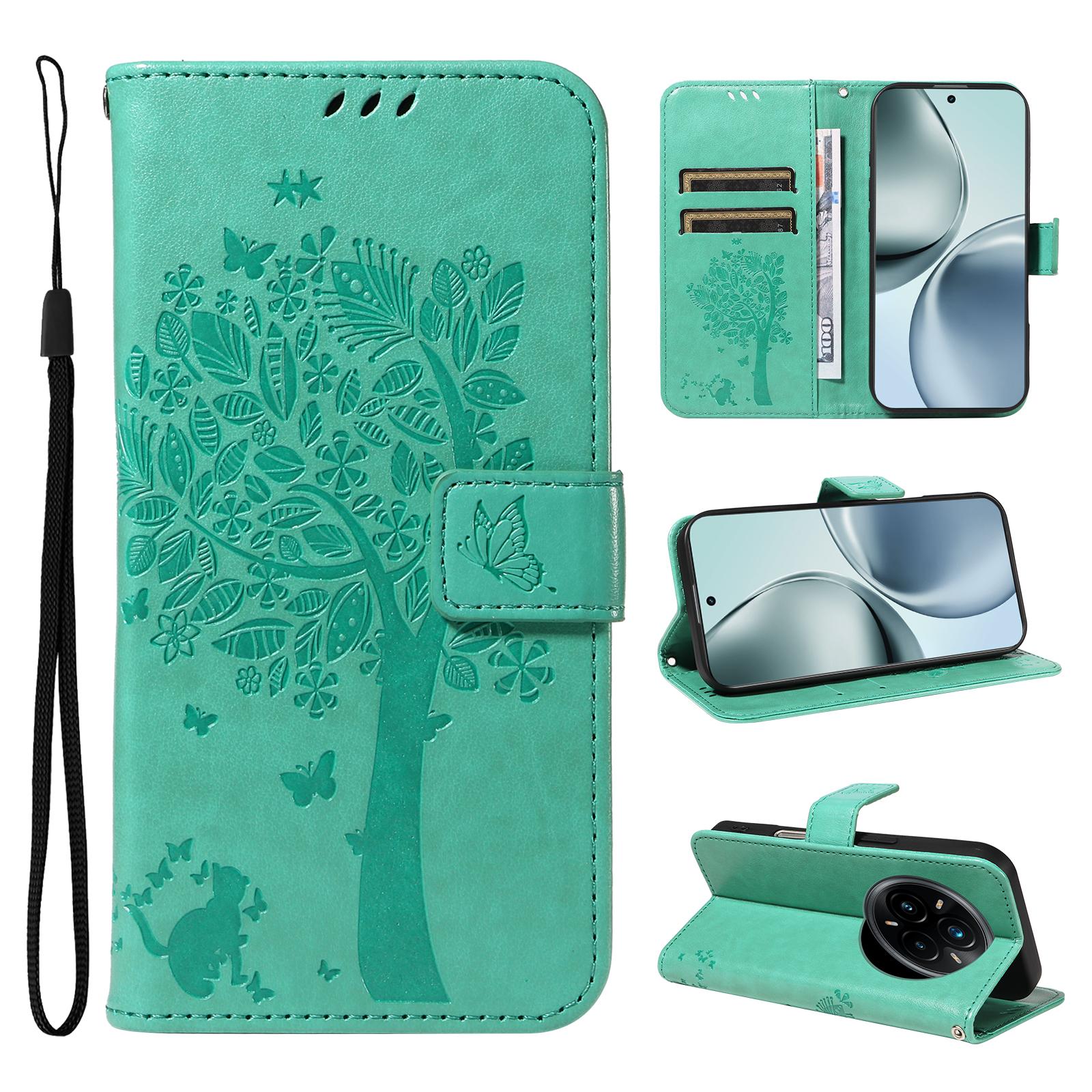 

For Realme 14 Pro+ 5G Phone Case with Stand Cat Tree Pattern Leather Wallet Mobile Cover Green