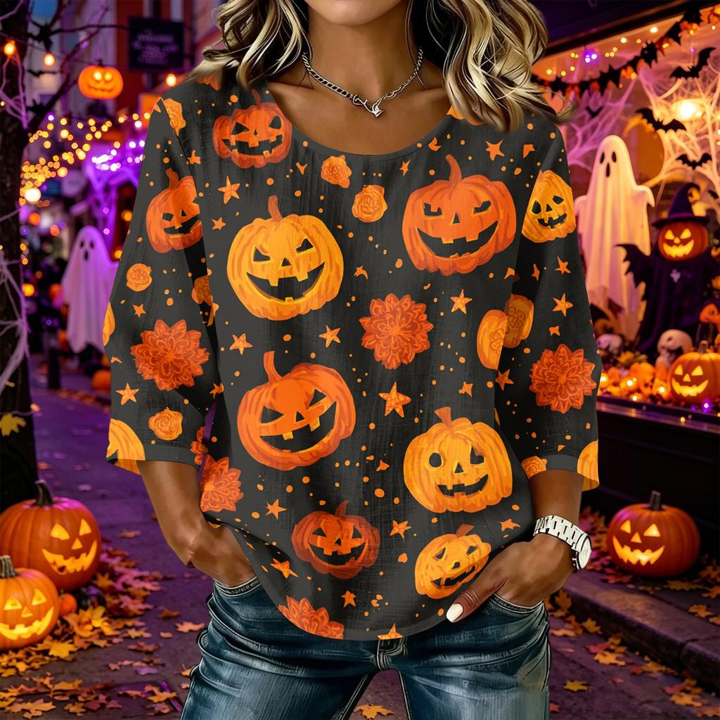 Damen Freizeit Halloween Kürbisdruck Rundhals Dreiviertelarm Leinen Baumwolle Mischgewebe Oberteil Leicht Bequeme Passform