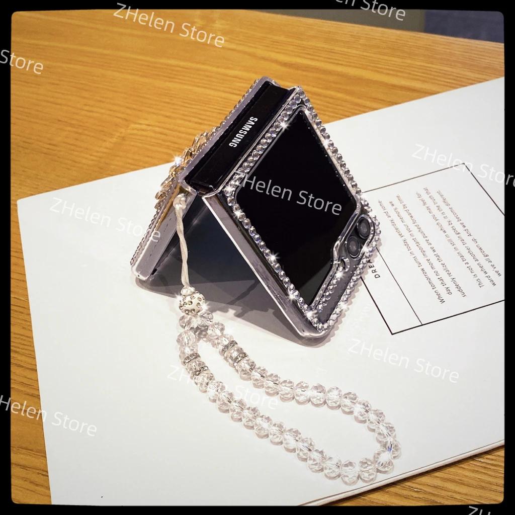 For Samsung Zflip 6 Handmade Diamonds Case With Chain Luxury Galaxy Z Flip 5 4 3 2 1 Removable Bracelet Clear Cover