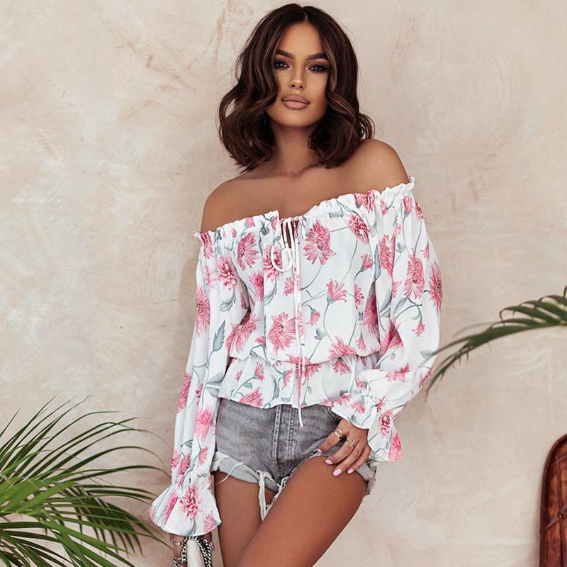 Women Floral Chiffon Shirt Printed Blouse Ruffle Waist Tie Tops